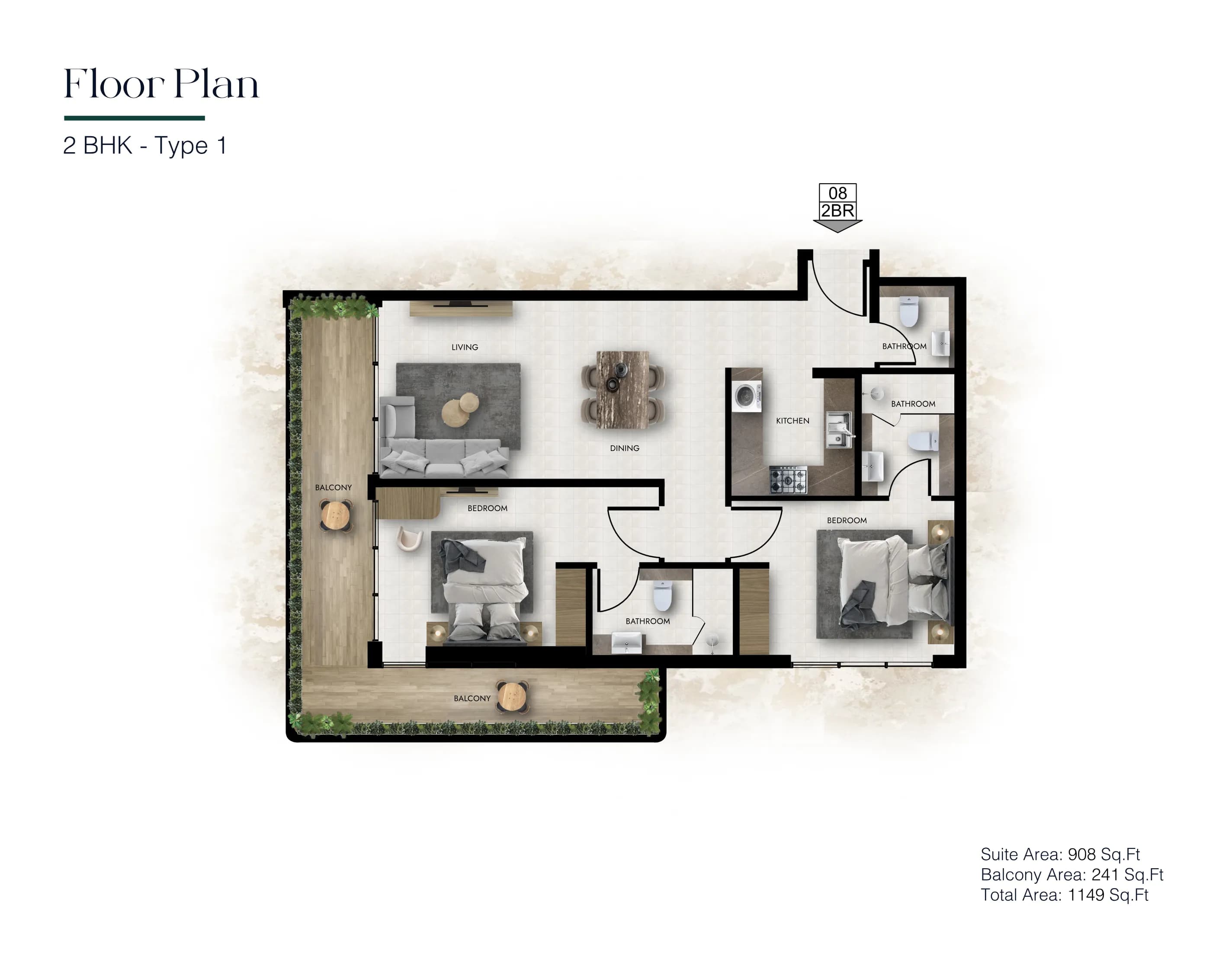 2 Bedroom Type 1 - Total 1,149 Sq.Ft