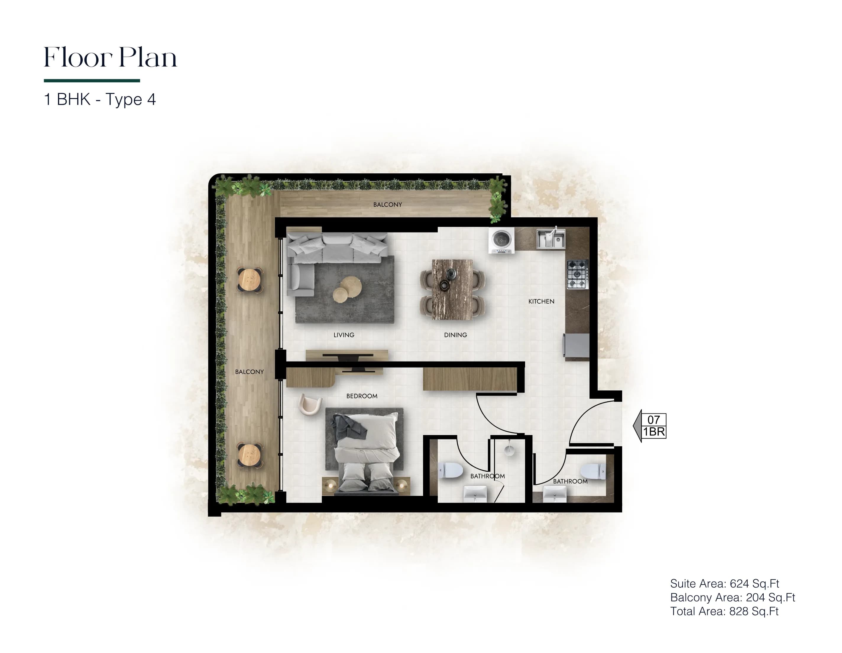 1 Bedroom Type 4 - Total 828 Sq.Ft