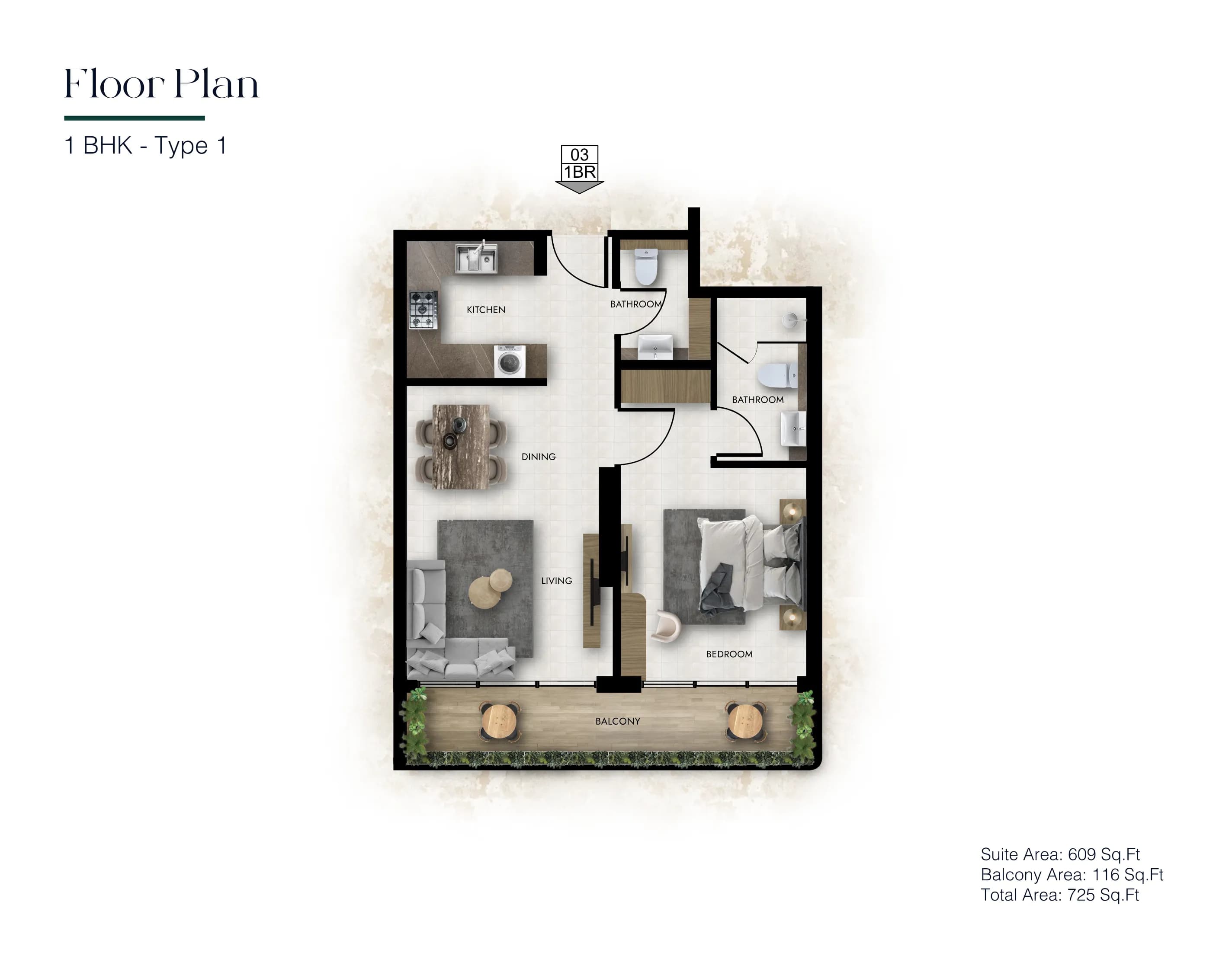1 Bedroom Type 1 - Total 725 Sq.Ft