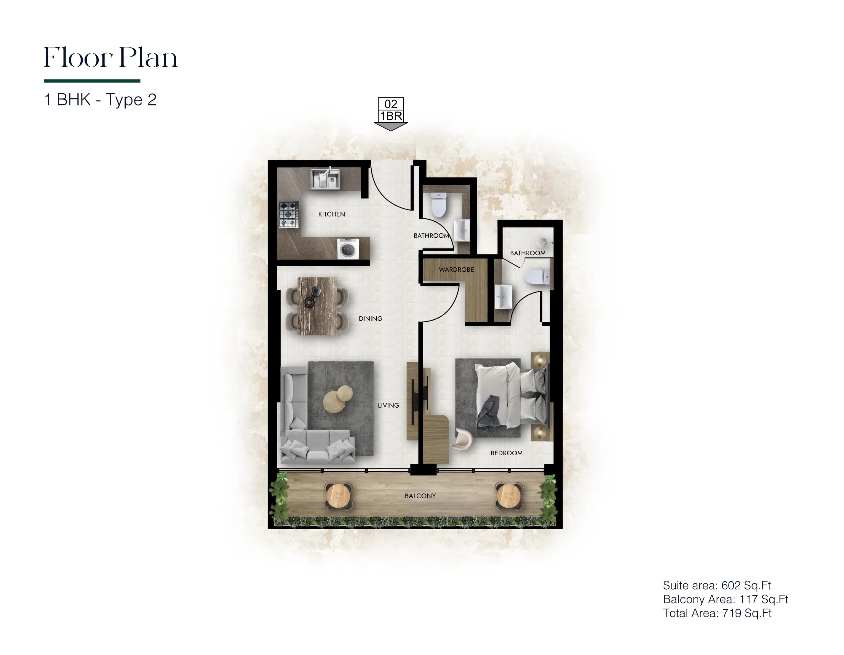1 Bedroom Type 2 - Total 719 Sq.Ft