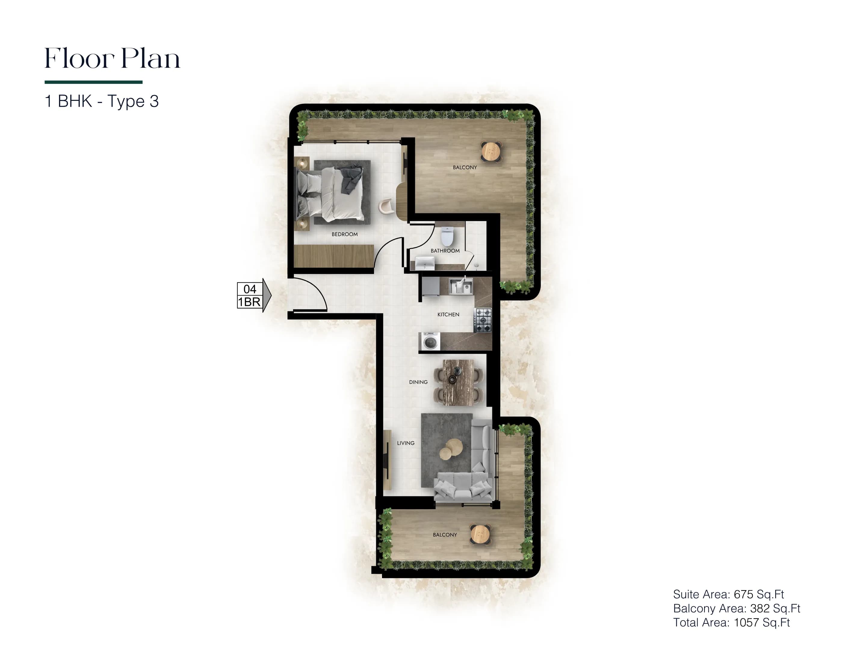 1 Bedroom Type 3 - Total 1,057 Sq.Ft