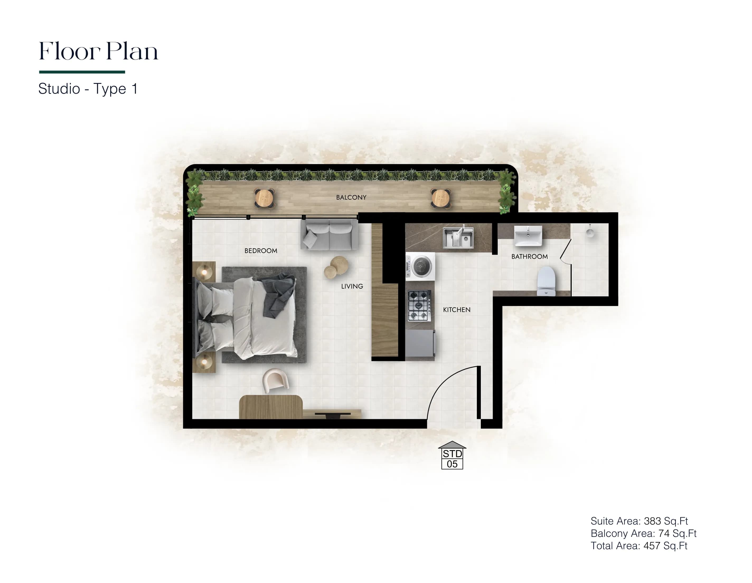 Studio Type 1 - Total 457 Sq.Ft