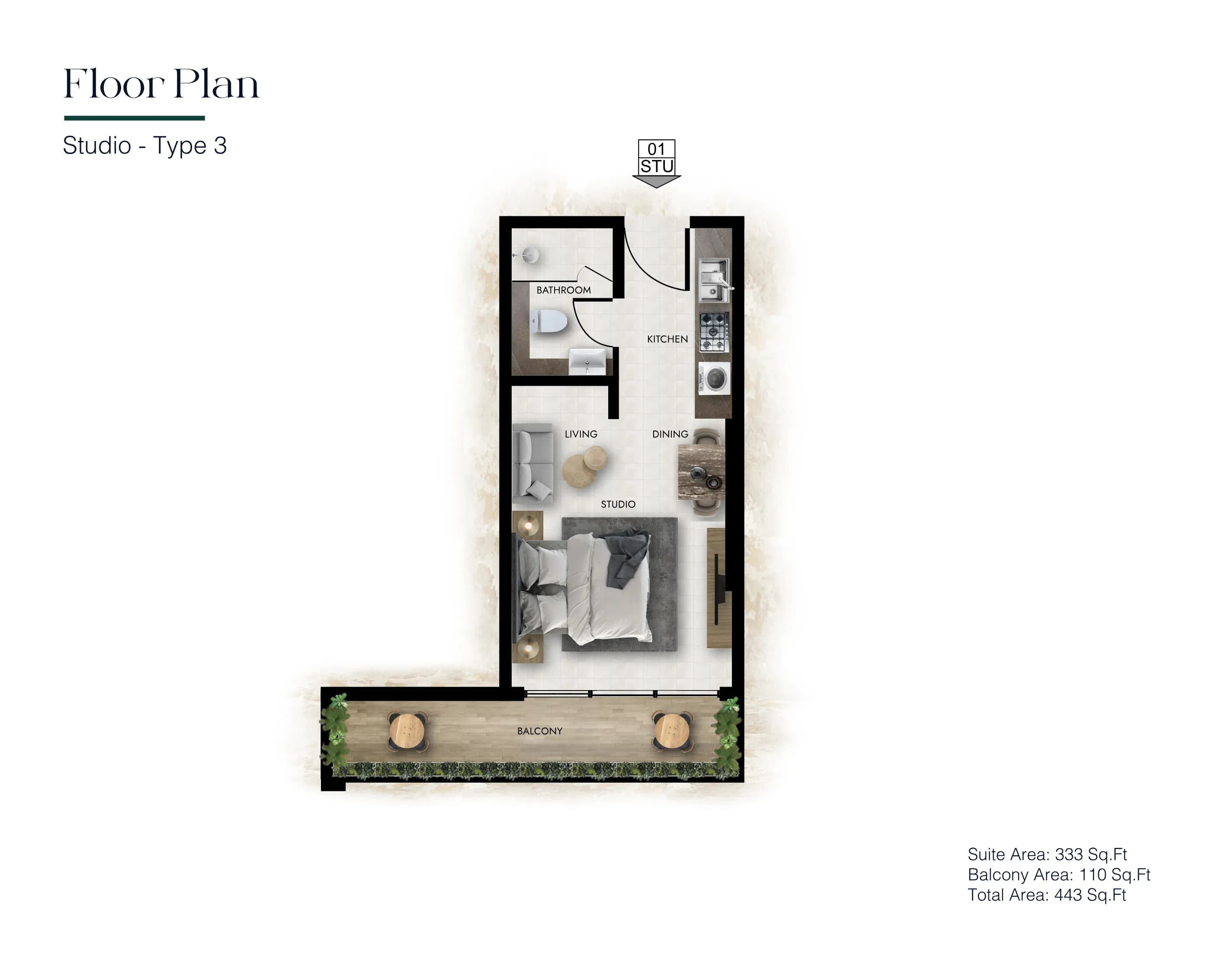 Studio Type 3 - Total 443 Sq.Ft