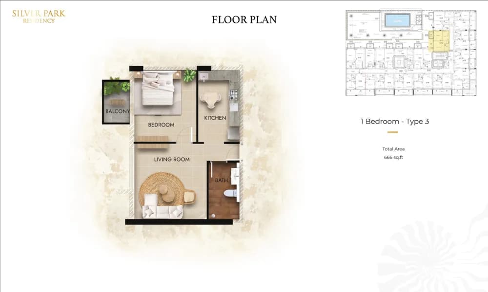 1 Bedroom floor plan 3